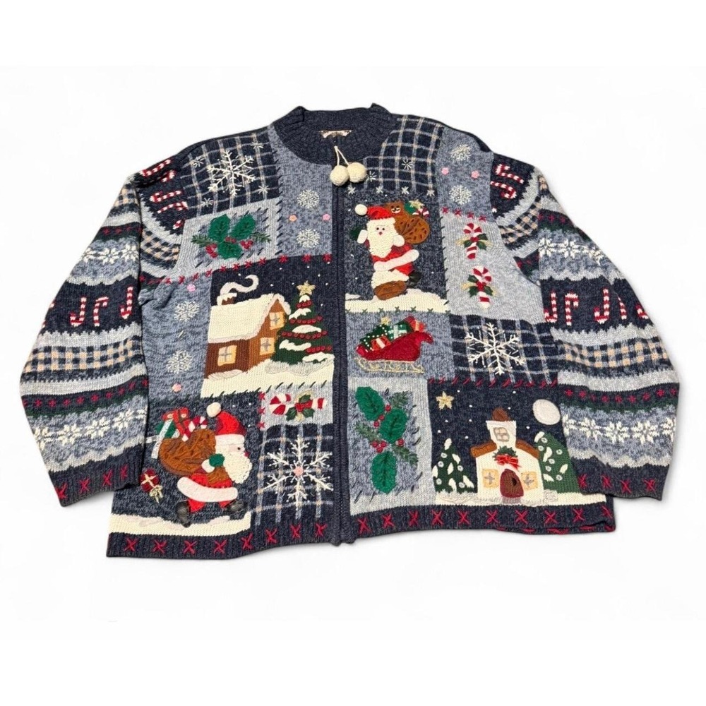 VTG Tiara Women Christmas Cardigan Sweater 22/24 Santa Christmas Patchwork